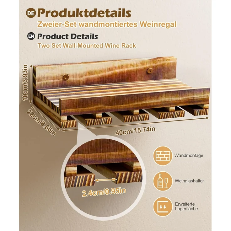 Yorbay Weinregal Set, Weinregal aus Holz Wandregal für Flaschen & Gläser, Wandregal Wandmontiertes Weinregal – Bild 2