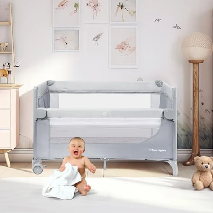Moby-System Closely 3in1 Beistellbett Baby - Reisebett Baby mit Wickelauflage, Matratze, Transporttasche - Höhenverstellbares Beistellbett, Laufstall (6 Teile) – Bild 2