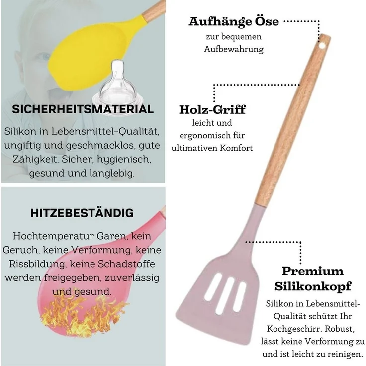 Küchenhelfer Set 12-tlg Silikon, Holzgriff, versch. Farben Bunt – Bild 2