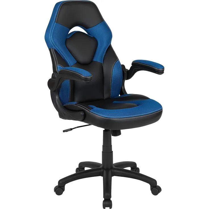 Flash Furniture Gaming Stuhl mit hoher Rückenlehne – Ergonomischer Bürosessel mit verstellbaren Armlehnen und Netzstoff – Perfekt als Zockerstuhl und fürs Home Office – Blau