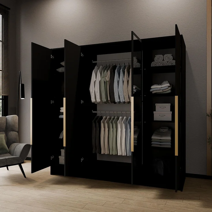 MEBLINI Kleiderschrank LUSINDA 200cm - Schwarz Matt - mit goldfarbenen Griffen - Drehtürenschrank mit zwei Spiegeln - Kleiderstangen und Regalböden – Bild 3