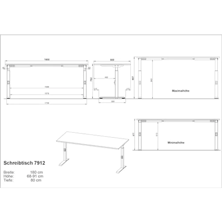 Germania Schreibtisch 7912-84, in Weiß, me. höheneinst, 180 x 91 x 80 cm (BxHxT) – Bild 4