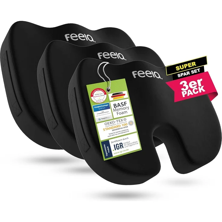 feela.® Orthopädisches Sitzkissen [3 Härtegrade] - Ergonomisches Sitzkissen für Bürostuhl & Co - Wirkt Schmerzreduzierend, Erhöht Sitzkomfort, und Entlastet das Steißbein (3er Set, Medium)