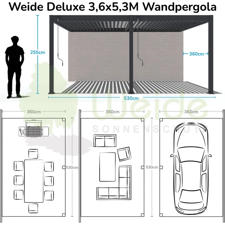 Weide Deluxe | Wand Pergola | Voll Aluminium | 3,6 x 5,3 M | Lamellendach anthrazit – Bild 6