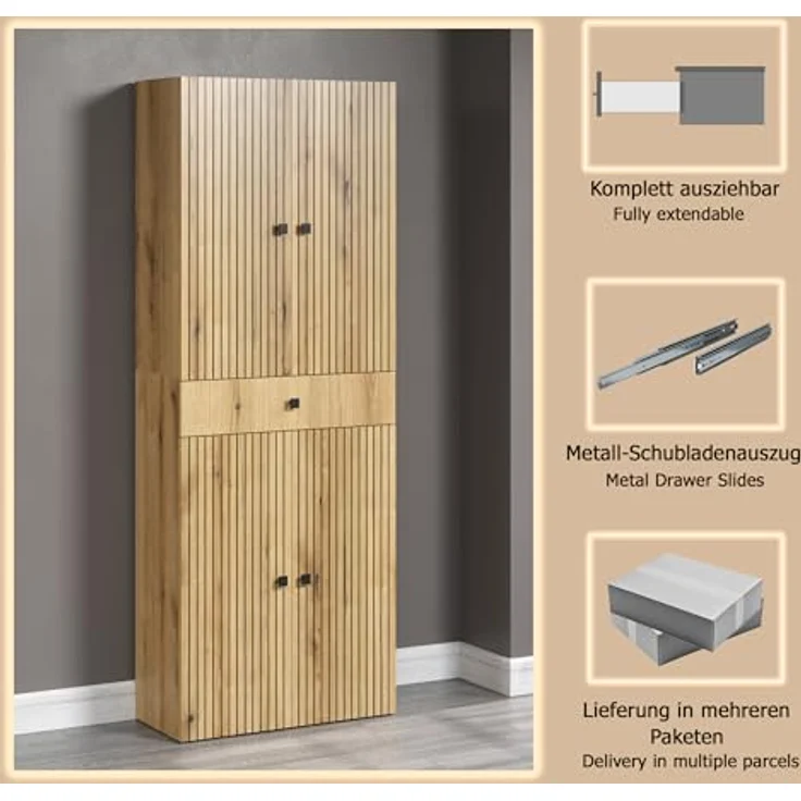 trendteam smart living - PureBliss - Waschbeckenunterschrank - Eiche - Waschtisch mit 3 offenen Fächern - (BxHxT) 90 x 79 x 53 cm - Badezimmerschrank mit Rillenoptik - edle Metallgriffe – Bild 8