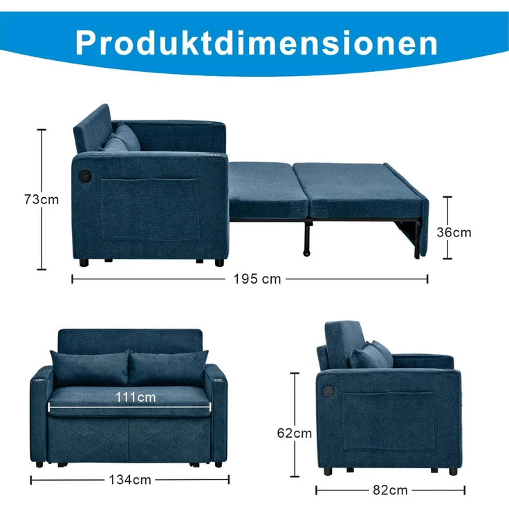 ZUBALIYA Sofa mit USB - Anschluss, für Wohnzimmer und Apartments, mit stabilem Untergestell, für den täglichen Gebrauch, Blau – Bild 9