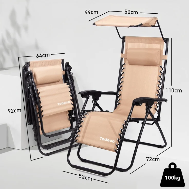 Todeco Liegestuhl klappbar mit Sonnenschutz, Sonnenstuhl mit abziehbare Kissen, Max Belastbarkeit 100kg, Strandliegestuhl leicht, Khaki – Bild 7