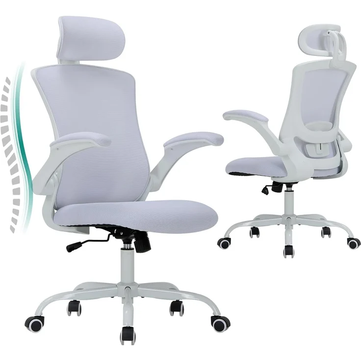 COLAMY Bürostuhl Ergonomisch, Netz-Schreibtischstuhl mit Verstellbarer Kopfstütze, Chefsessel Office Chair mit Lendenwirbelstütze, Verstellbarer Neigungsverschluss Drehstuhl, Weiß – Bild 1