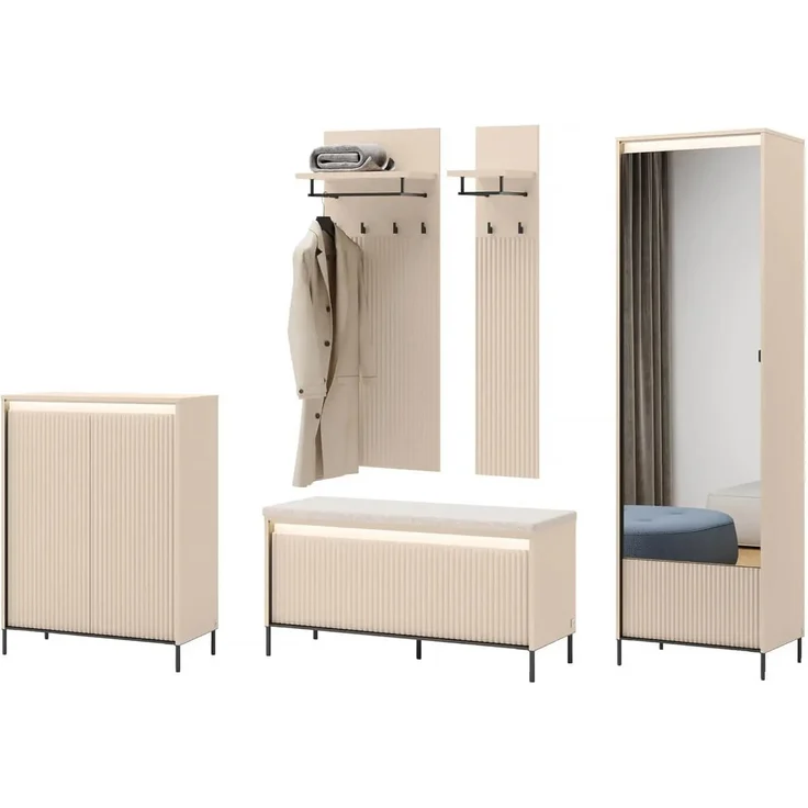 MEBLINI Garderobe Flur Möbel Set mit LED – TREND – Beige/Schwarz – Garderobenschrank Flur mit Spiegel - Garderobe Schrank - Flurgarderobe - Flurschrank hoch – Bild 2