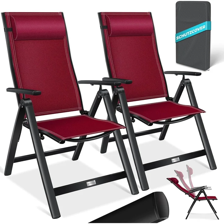 KESSER® Gartenstuhl Hochlehner mit Armlehnen | Aluminium Klappstuhl inkl. Kopfkissen Campingstuhl 7-Fach Verstellbar Rückenlehne | Atmungsaktiv & Wetterfest | Klappbar & Anti-Rutsch 2 Stück, Bordeaux Rot – Bild 1