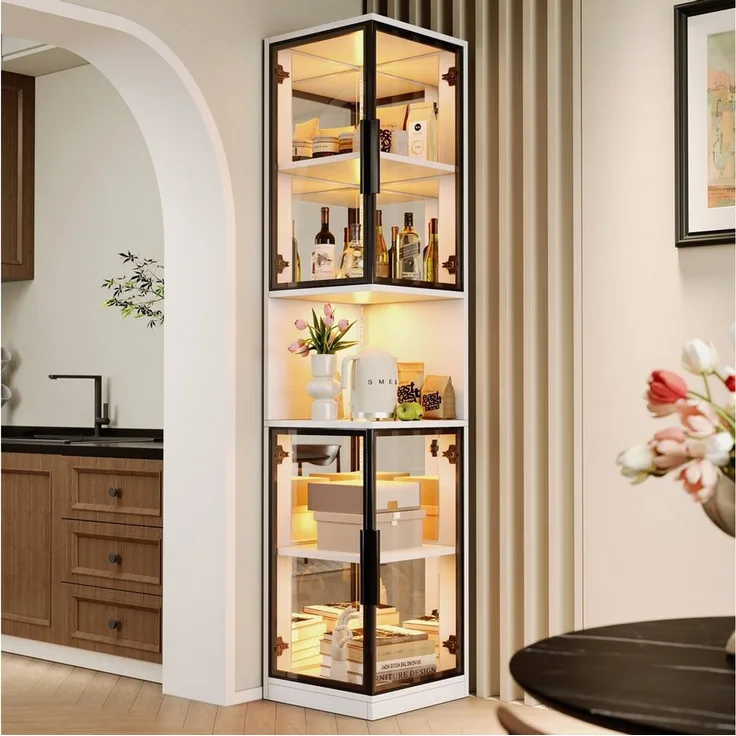 Flieks Eckvitrine Glasvitrine mit LED-Beleuchtung und Glastüren, verspiegelter Rückwand (1-St, 42x44x205 cm) Standvitrine Eckschrank Hochschrank Sammlervitrine mit 5 Fächern Weiß