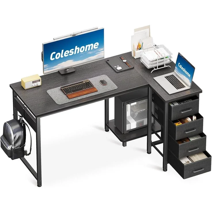 Eckschreibtisch L Form 120x70cm 4 Schubladen 120 × 70 cm Schwarz – Bild 1