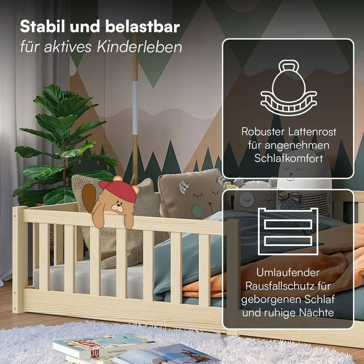 Bellabino 'Vere' Bodenbett 140x200 cm, natur, Massivholz Kiefer, Montessori Kinderbett mit Rausfallschutz und Lattenrost – Bild 4