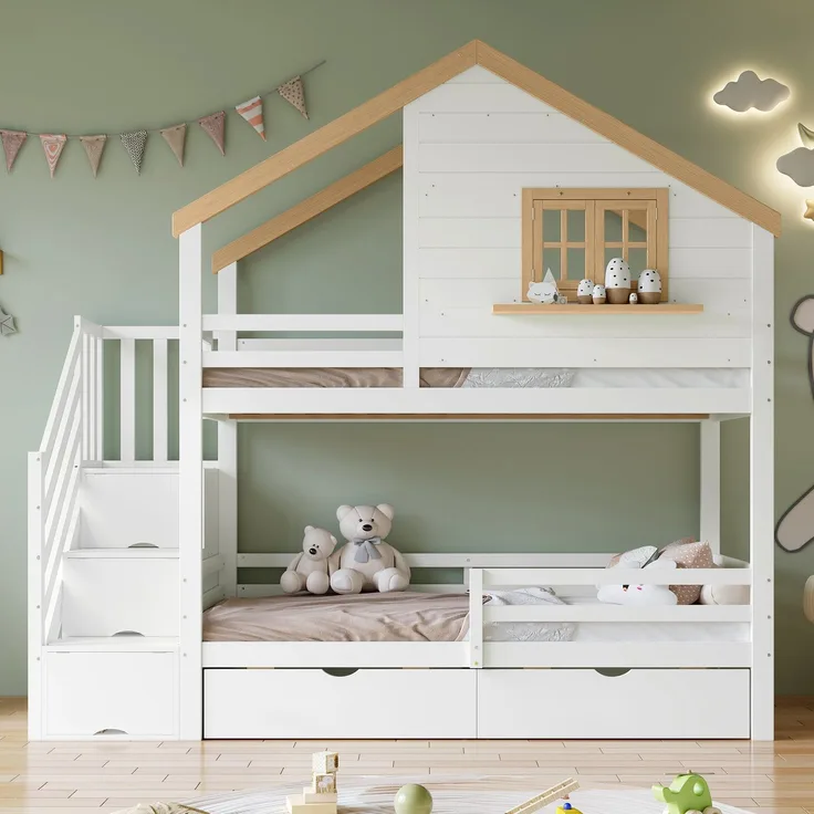 Merax Etagenbett, mit Aufbewahrungstruhen, raffiniertes kleines Haus Design mit einem Fenster, Holz Weiß + Natur, 90x200cm