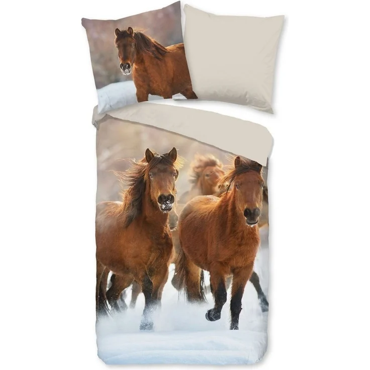 JACK Wendebettwäsche 135x200cm, Pferde Leben, Flanell, 2 teilig, im verschneiten Winterdesign – Bild 1