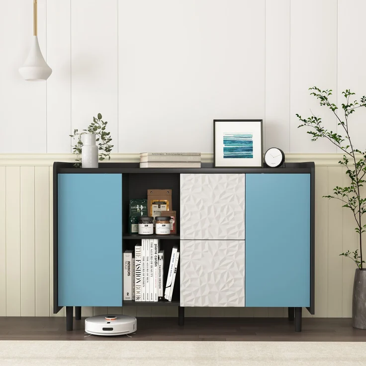 Schwarzes Sideboard-Buffetschrank mit blauen Türen – 2 Schubladen und offener Stauraum für Küche und Wohnzimmer – Bild 6