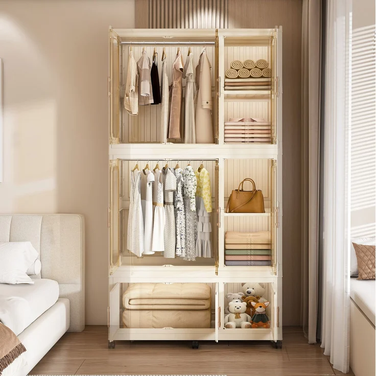 Kleiderschrank aus PP-Kunststoff mit 9 Magnettüren, 6 Rollen und 2 Kleiderstangen, 92x45x196 cm, Cremeweiß – Bild 3