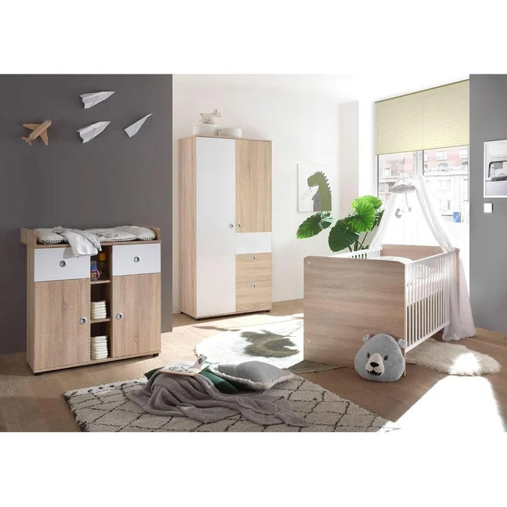 WIKI Babyzimmer Komplett-Set in Eiche Sonoma Optik / Weiß - Babyzimmer Möbel-Set 3-teilig bestehend aus Kleiderschrank, Babybett & Wickelkommode – Bild 3