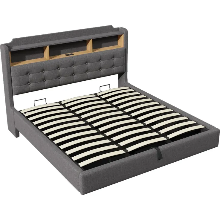 Polsterbett mit LED-Streifen, Type-C, USB und Stauraum, in schwebender Optik, gepolsterter Kopfteil, 180x200 cm, Doppelbett, Stauraumbett, Leinen – Bild 8