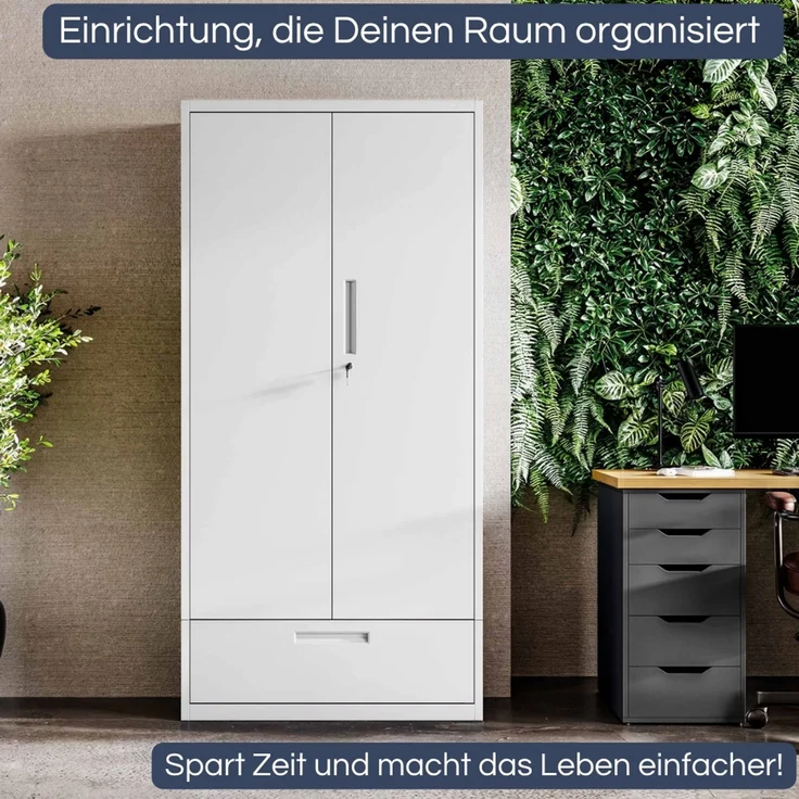Metallschrank mit Einzel-Schublade RUEL - 195x90x40cm Weiß | Büroschrank Aktenschrank Stahlschrank Fachbodenschrank Werkstattschrank – Bild 3