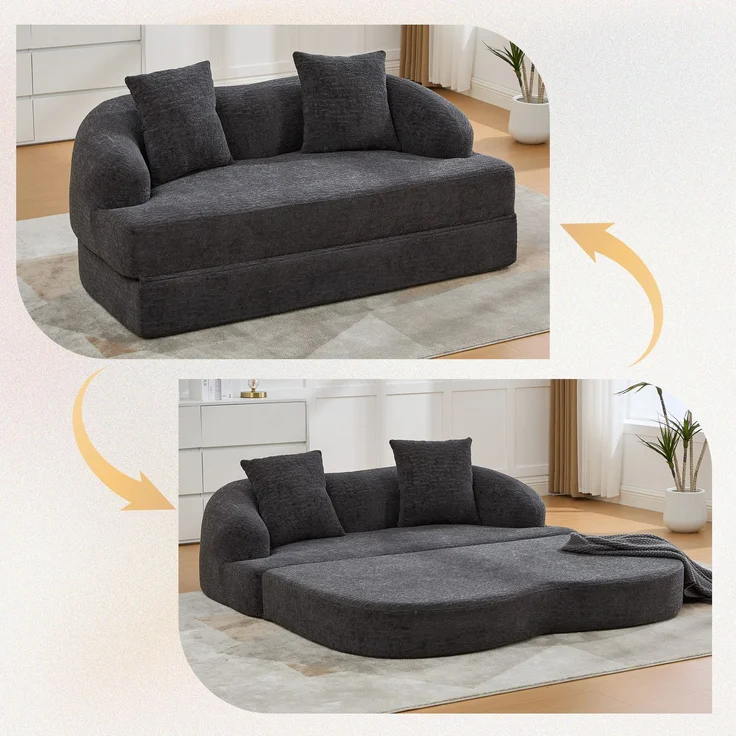 Rayofly-2-in-1 Schnellsofa Zweisitzer, 2 Kissen, ausklappbares Schlafsofa, dunkelgraue Chenille, für Gästezimmer & Wohnzimmer, H 65cm x T 157cm x B 84cm, Dunkelgrau – Bild 1