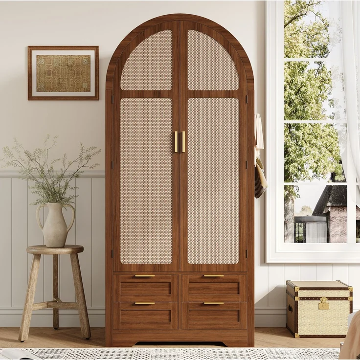 Kleiderschrank aus MDF mit geschwungenen Türen, Rattan-Optik, Schubladen, 80x50x179 cm, Walnut – Bild 2