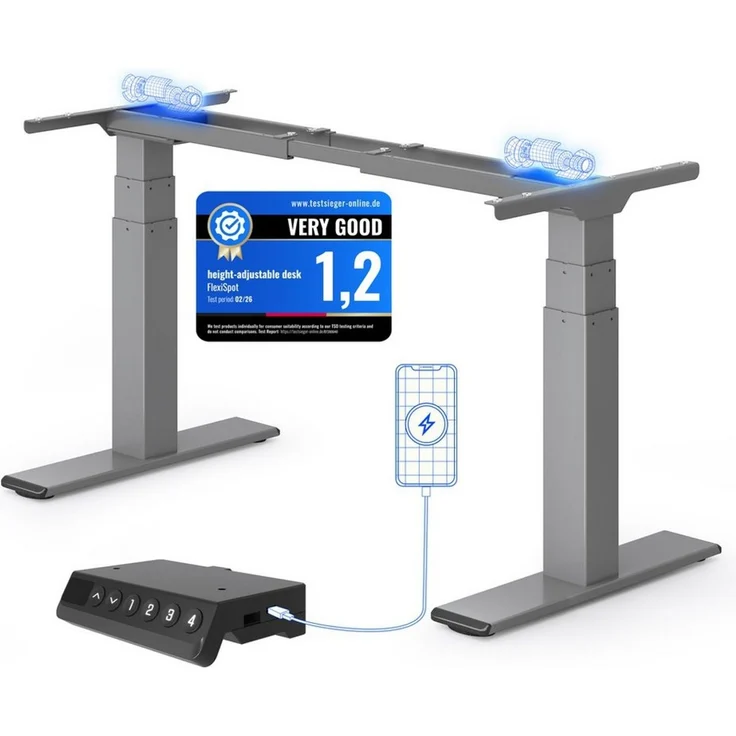 FLEXISPOT Schreibtisch Elektrisch höhenverstellbares Tischgestell E6 (2 Motore, 3-Fach-Teleskop, 4 Speicherplätze, höhenverstellbar von 60–125 cm, Geschwindigkeit 40 mm/s), Kollisionschutz Funktion, USB Ladeanschluss, MAX Load: 200KG – Bild 5
