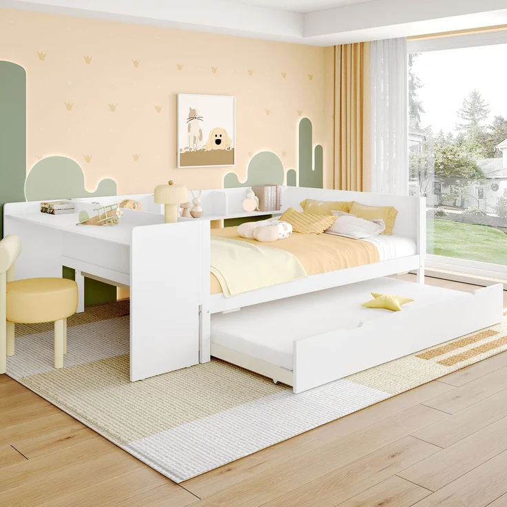 Multifunktionales Holzbett 140×200 cm mit Schreibtisch, ausziehbarem Rollbett & Regalen – platzsparendes Doppelbett – Bild 4