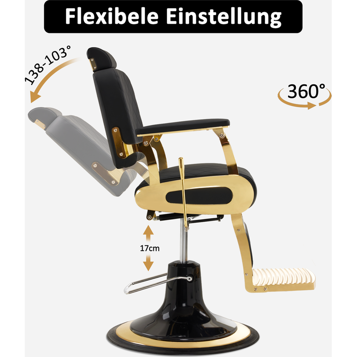 Barberpub Friseurstuhl Kippbar, Friseursessel mit Kopfstütze, 360° Drehbar & Höhenverstellbar, Friseureinrichtung Modern Hydraulisch, Kunstleder, 3855(Gold-Schwarz) – Bild 3