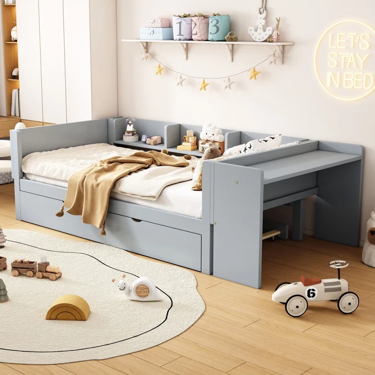 Kinderbett 90x200 cm mit ausziehbarem Rollbett, Schreibtisch & seitlichen Regalen, Funktionsbett aus Kiefernholz Grau – Bild 4