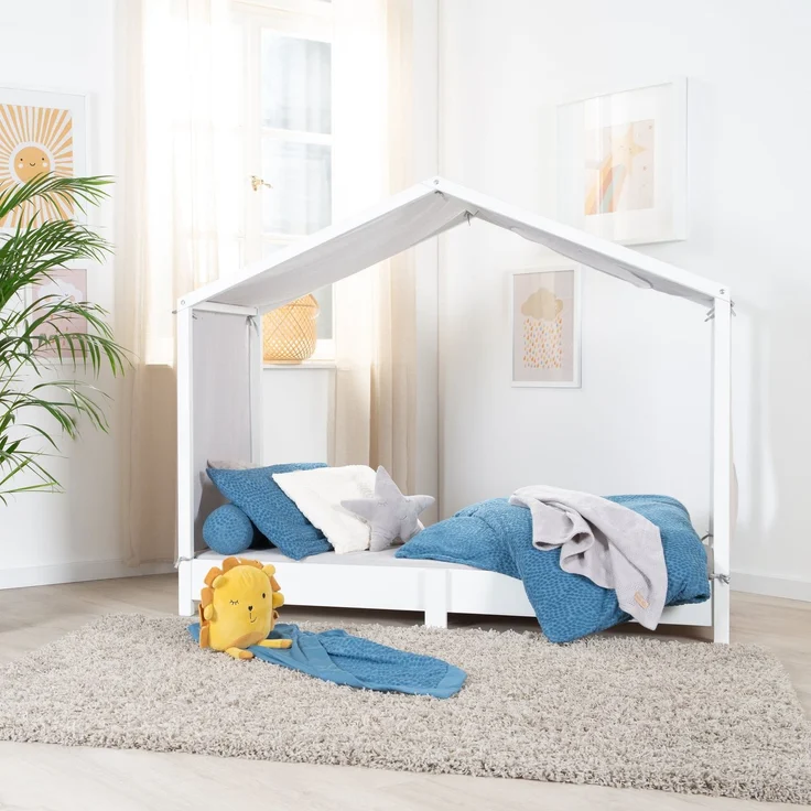 roba Bezug für Montessori Hausbetten 70 x 140 cm - Passendes Zubehör zum Umbau in Himmelbett - Inkl. 3 Aufbewahrungstaschen & Dachfenster - Hellgrau – Bild 4