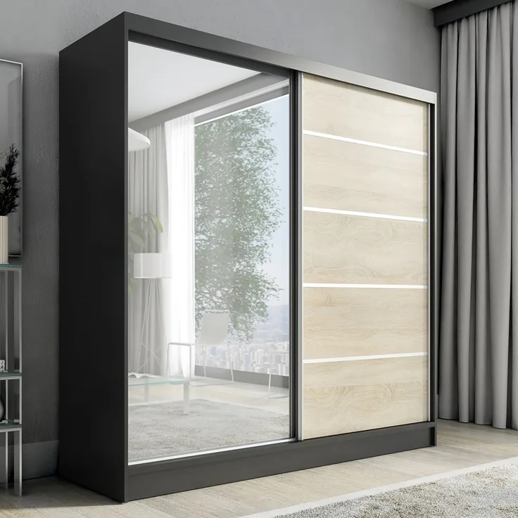A&J MöbelLand Schwebetürenschrank NERO 200 cm mit Spiegel drei Schubladen