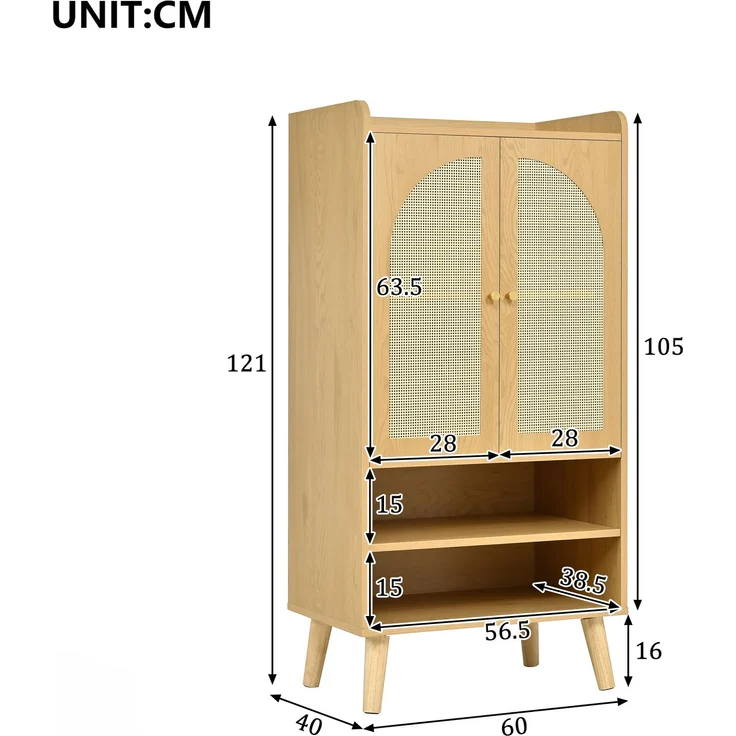 Rattan-Sideboard mit 2 Rattantüren und 2 offenen Fächern, Aufbewahrungsschrank / Buffet mit großem Stauraum, Holz-Highboard, Mehrzweckschrank für Flur, Wohnzimmer oder Küche, Maße: B60×T40×H121 cm--Natürlich--60x40x121cm--YOUDENOVA – Bild 7