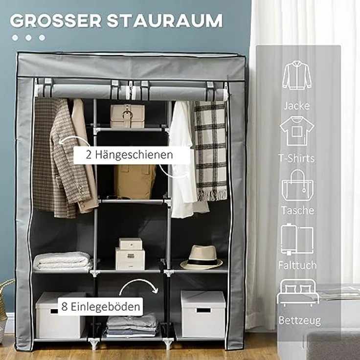 HOMCOM Stoffschrank Faltschrank, Faltbare Garderobe aus Vliesstoff (Kleiderschrank, 1-St, Tücherschrank) Hellgrau, 125 x 43 x 162,5 cm – Bild 4