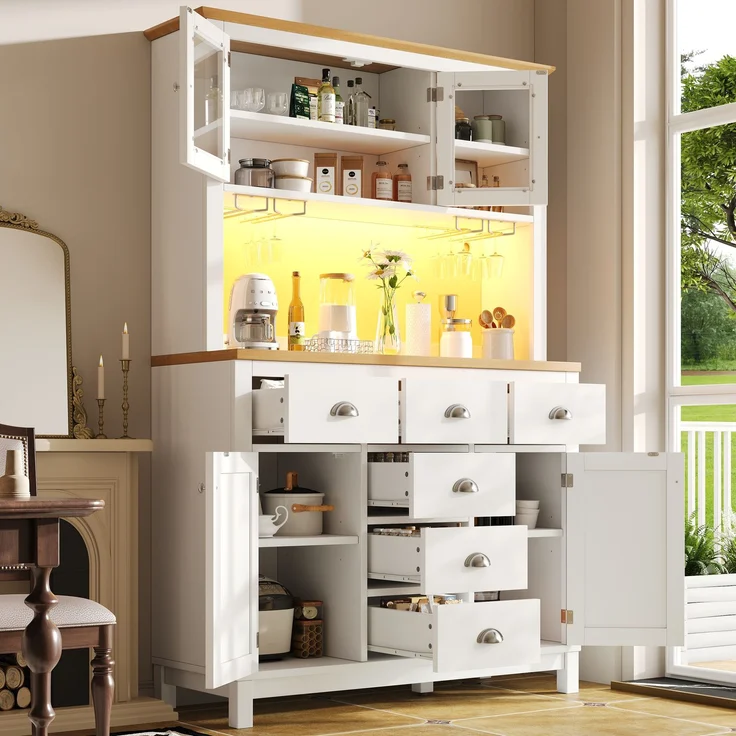 Seitenboard / Aufbewahrungsschrank / Küchenschrank / Buffetschrank, 104x40x180cm, Landhausstil, 4 Türen, mit LED-Lichtleiste & Getränkehaltern, Grün/Weiß--Weiß--104x40x180cm--YOUDENOVA – Bild 3
