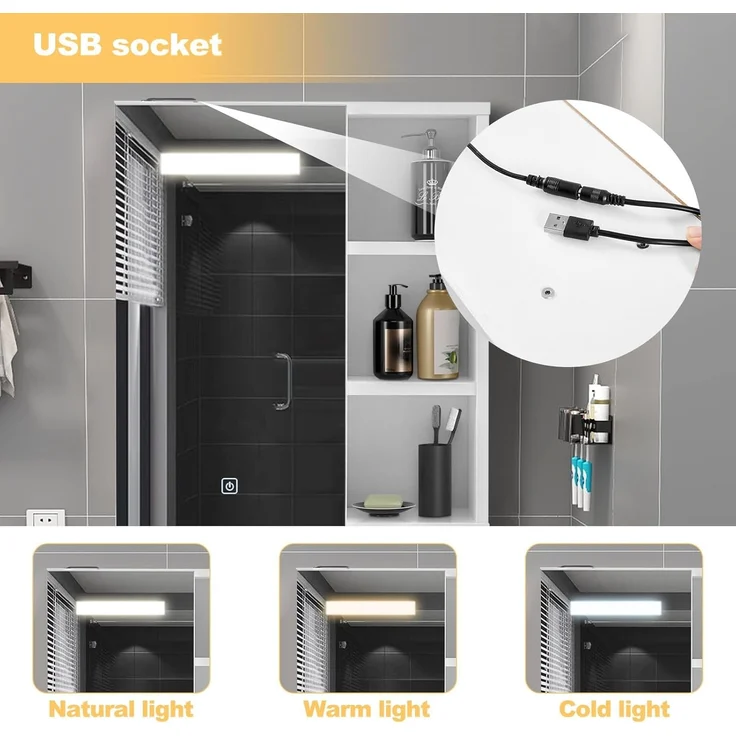 TUKAILAI Spiegelschrank Bad mit Beleuchtung, Badschrank mit Spiegel mit 3 Offenes Ablagen, Badezimmerschrank mit Verstellbarer Ablagen für Badezimmer 45 x 17 x 52 cm – Bild 5