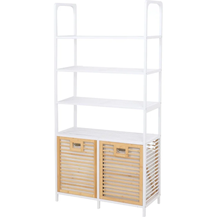 Bambus-Badezimmerschrank HWC-N83, Regal Badschrank, 2 Wäschekörbe 4 Regalböden MVG 168x81x33cm ~ natur-weiß, Korb natur – Bild 7