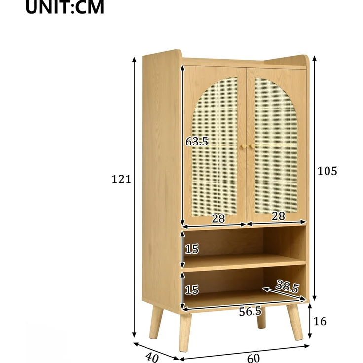 DESVIAE Sideboard mit 2 Rattantüren und offenen Fächern 60x121x40 cm Spanplatte Natur – Bild 10