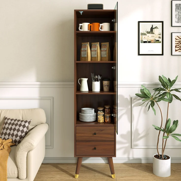 Vitrinenschrank aus MDF in Nussbaumoptik mit Glastür und 2 Schubladen,H 160 x T 39.8 x B 35 cm – Bild 4