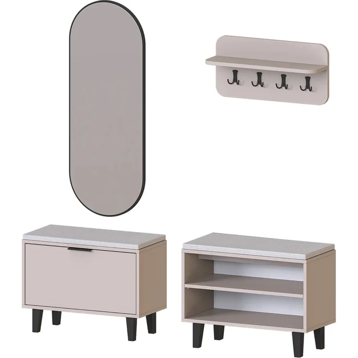 Roomart NORD Garderobenset 4-teilig – Sitzbank offen & mit Schuhklappe, Wandgarderobe & ovaler Spiegel – Flurgarderobe – H 53 x B 73.6 x T 35 cm (Sitzbank) • Beige – Bild 7