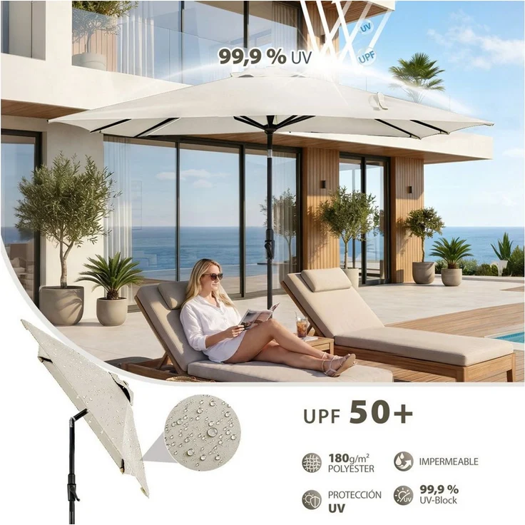 Sekey Sonnenschirm Rechteckig Marktschirm Neigbar mit Kurbel Sonnenschirm Groß, LxB: 210x140 cm, Sonnenschirm 200x140 cm, Gartenschirm Outdoor Wetterfest, Knickbar – Bild 3