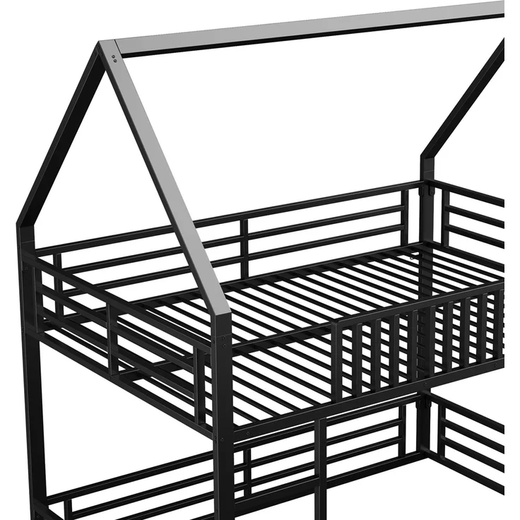 U-life Haus-Etagenbett 140x200 cm mit Sicherheitszaun, LED-Beleuchtung und 2 Lattenrosten, Schwarz – Bild 8