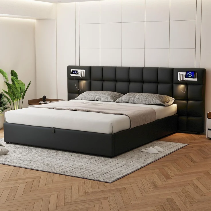 Polsterbett mit LED-Beleuchtung, Wireless Charger und Stauraum, extra breites Kopfteil mit Spots, Type-C und USB Anschlüssen, 180x200 cm, gepolsterter Kopfteil, Doppelbett, Stauraumbett, Kunstleder – Bild 2