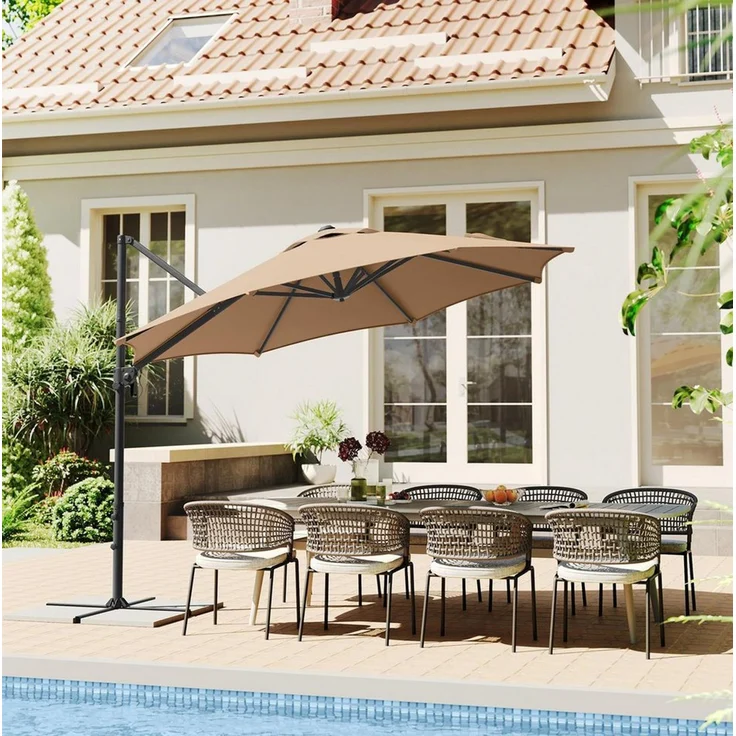 Songmics Sonnenschirm, Ampelschirm, 300 cm, UPF 50+, Gartenschirm, um 360° drehbar, Neigungswinkel stufenlos verstellbar, mit Kurbel, Kreuzfuß, kamelbraun – Bild 1