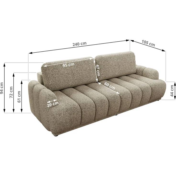 Schlafsofa ACCORDO 3-Sitzer mit Schlaffunktion, DL-Mechanismus, Wellenfederung & Massivholz, freistehend rundum bezogen - Dunkelbeige Strukture – Bild 7