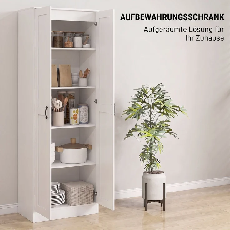 HOMCOM Küchenschrank, 2 Türen mit Soft-Close, 5 Einlegeböden davon 2 verstellbar, Spanplatte, Weiß, 60 x 36,5 x 175 cm, mit Kippschutz – Bild 4