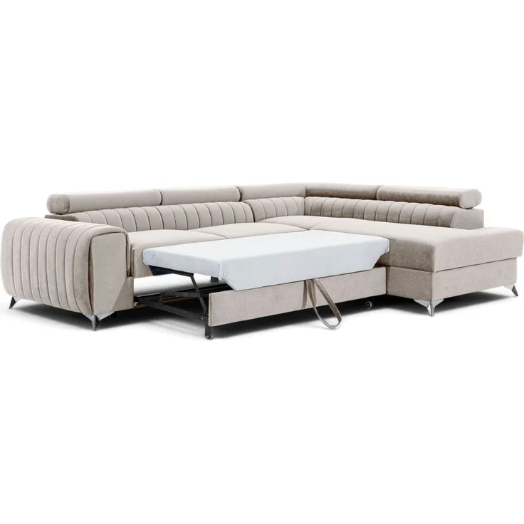 Ecksofa mit Schlaffunktion Sofa ELENI Stoff Paros Beige Ottomane Rechts – Bild 3