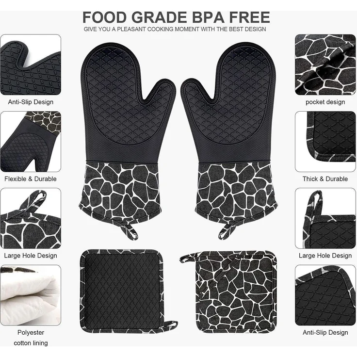 Topfhandschuhe Set Silikon/Baumwolle hitzebeständig 1 Paar+2 Topflappen Schwarz – Bild 2