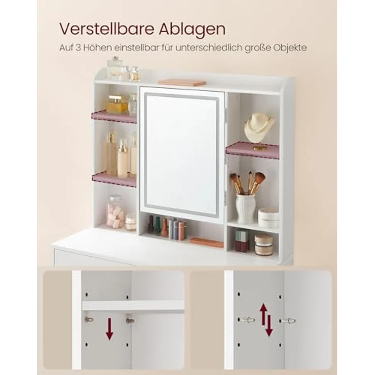 VASAGLE Schminktisch mit Beleuchtung und Hocker Set | Kosmetiktisch, Spiegel mit Ablage, Make-up Organizer, für Schlafzimmer, KAILYN Kollektion RDT123WB01-02 – Bild 7