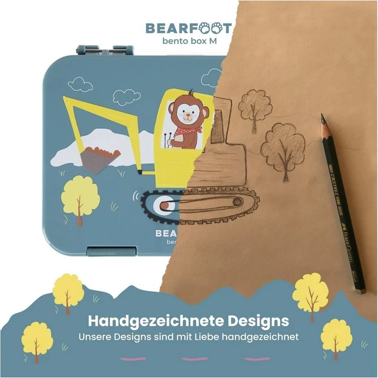 BEARFOOT Lunchbox Brotdose Kinder mit Fächern, Lunchbox, Bento box - Affe blau, handgezeichnete Designs, modular – Bild 2